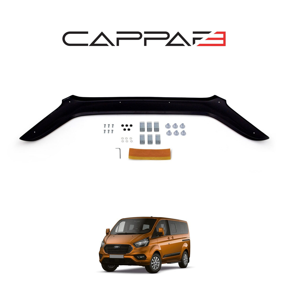 Vehicle-specific bonnet deflector shaped to fit a Ford Transit Custom
